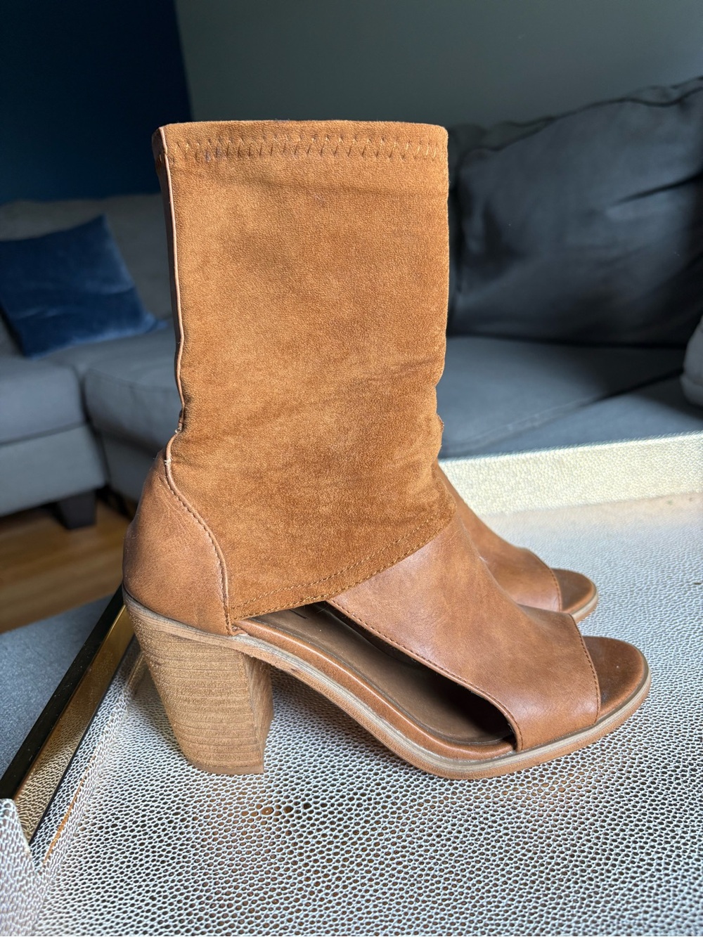 rebels Tan Suede Open-Toe Block Heel Booties